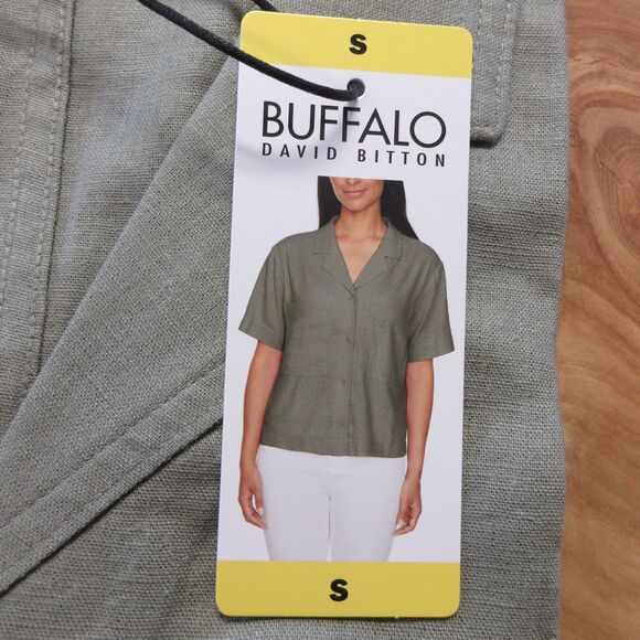 BUFFALO DAVID BITTON Linen Blend Button Front Shirt Sz S 4-6 Olive Green Top NWT - Picture 4 of 10